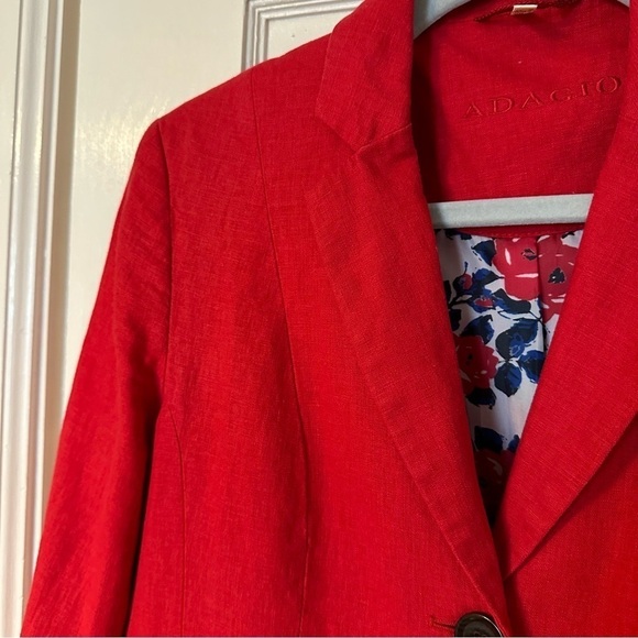 Adagio Blazer Linen Blend Pockets Vibrant Red Long Sleeve Floral Lined Size 8/10 - Picture 5 of 13